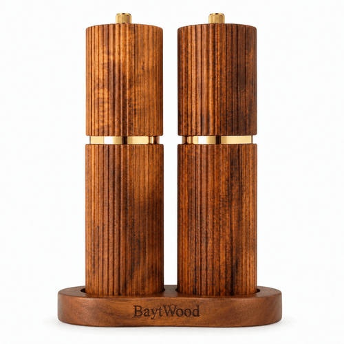 Bahar Grinder Set - ribbed acacia wood salt and pepper grinders with gold trim and matching tray